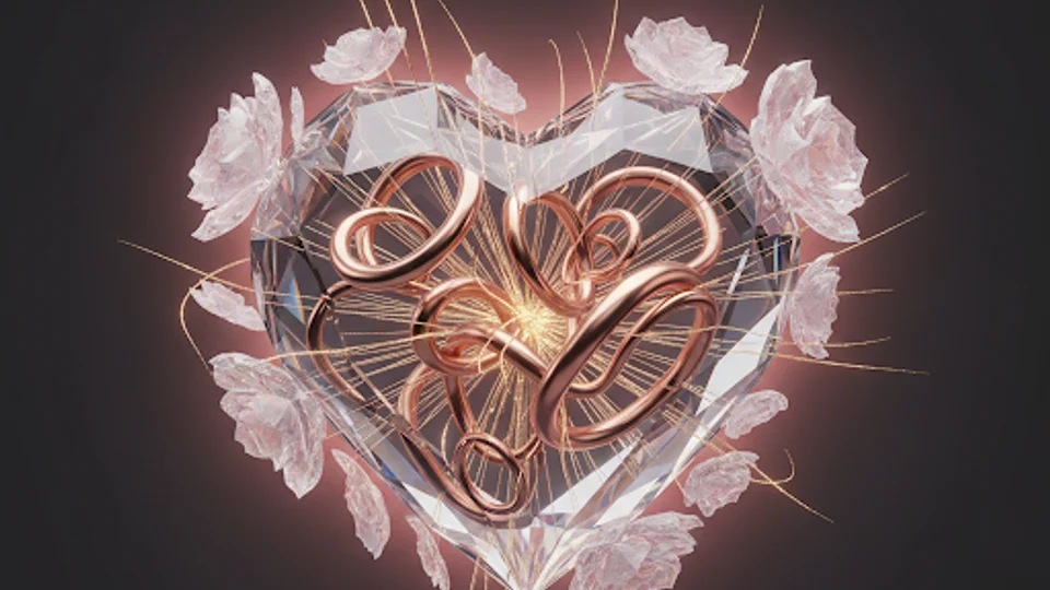 Corazón de cristal con filamentos de oro rosado y pétalos translúcidos, para el Día de San Valentín, sobre fondo noir.